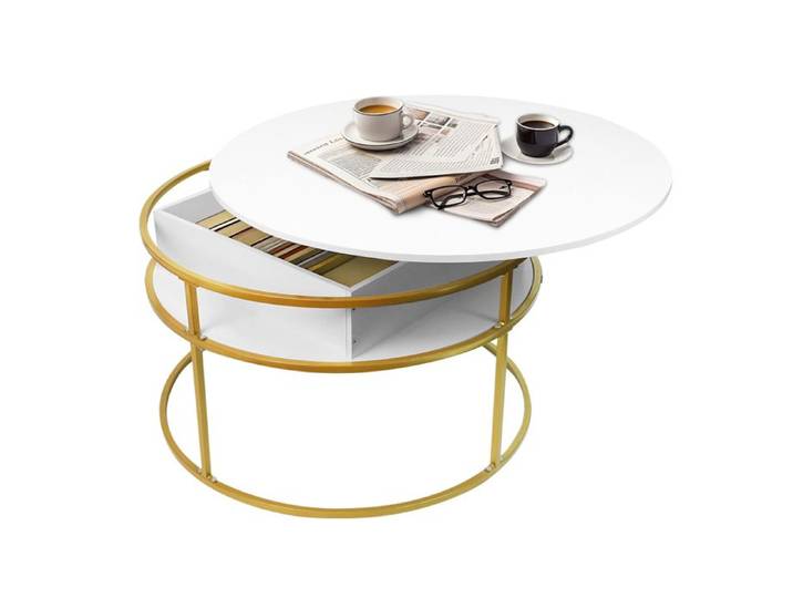 KEDIA Table Basse Ronde Pour Salon 60*60*47cm Bureau Chambre Table d'Appoint Relevable Compartiment Caché Cadre blanc et