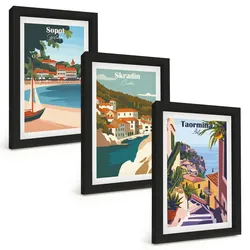 BILDER SET 3er Set - 20x30 cm Schwarzer Rahmen - Illustrationen von Küstenstädten