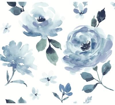 York Wallcoverings Blue Watercolor Blooms Peel and Stick Wallpaper