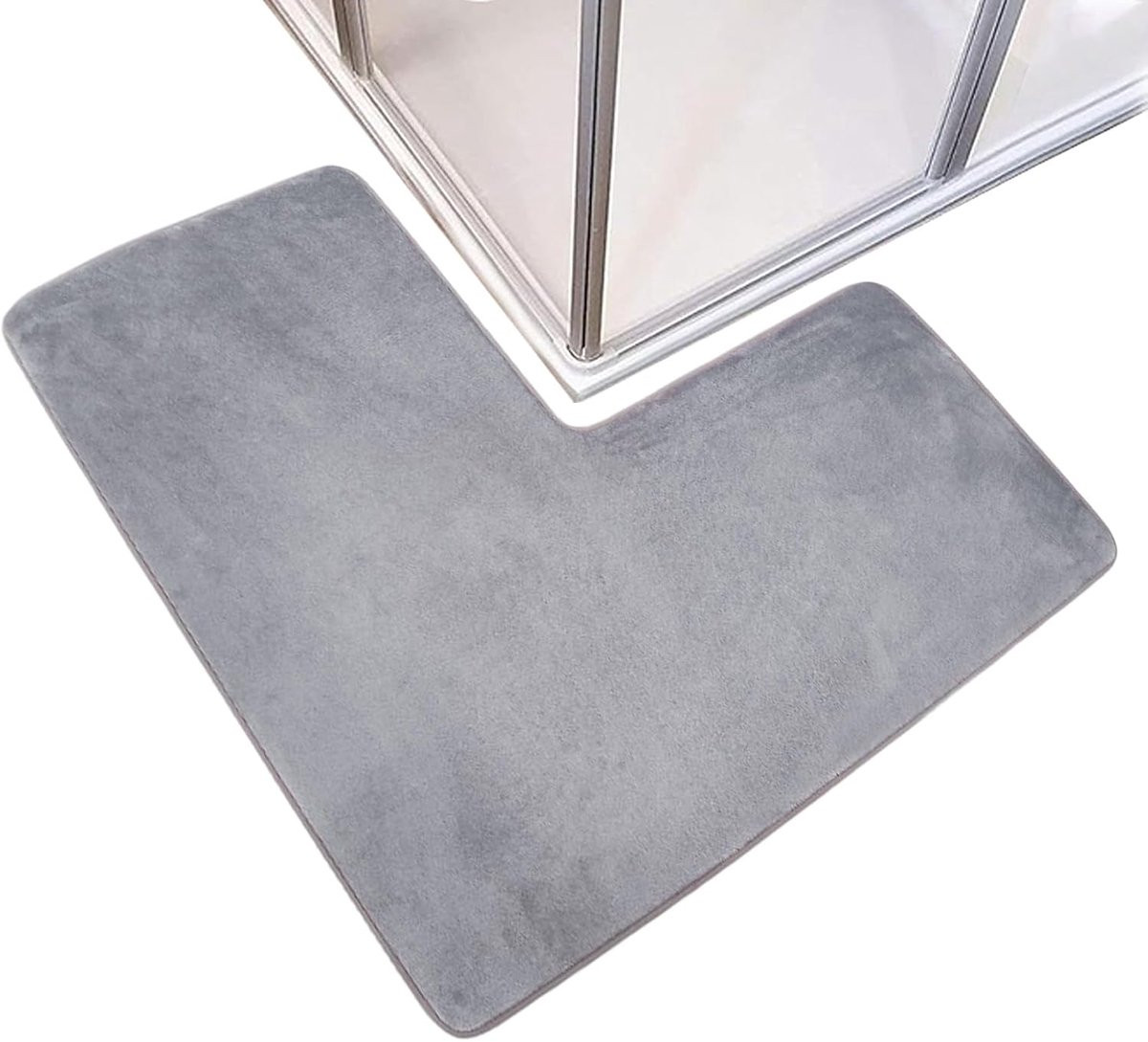 Grijs L-vormige badmat met antislip onderkant voor de badkamer, 80 x 80 cm