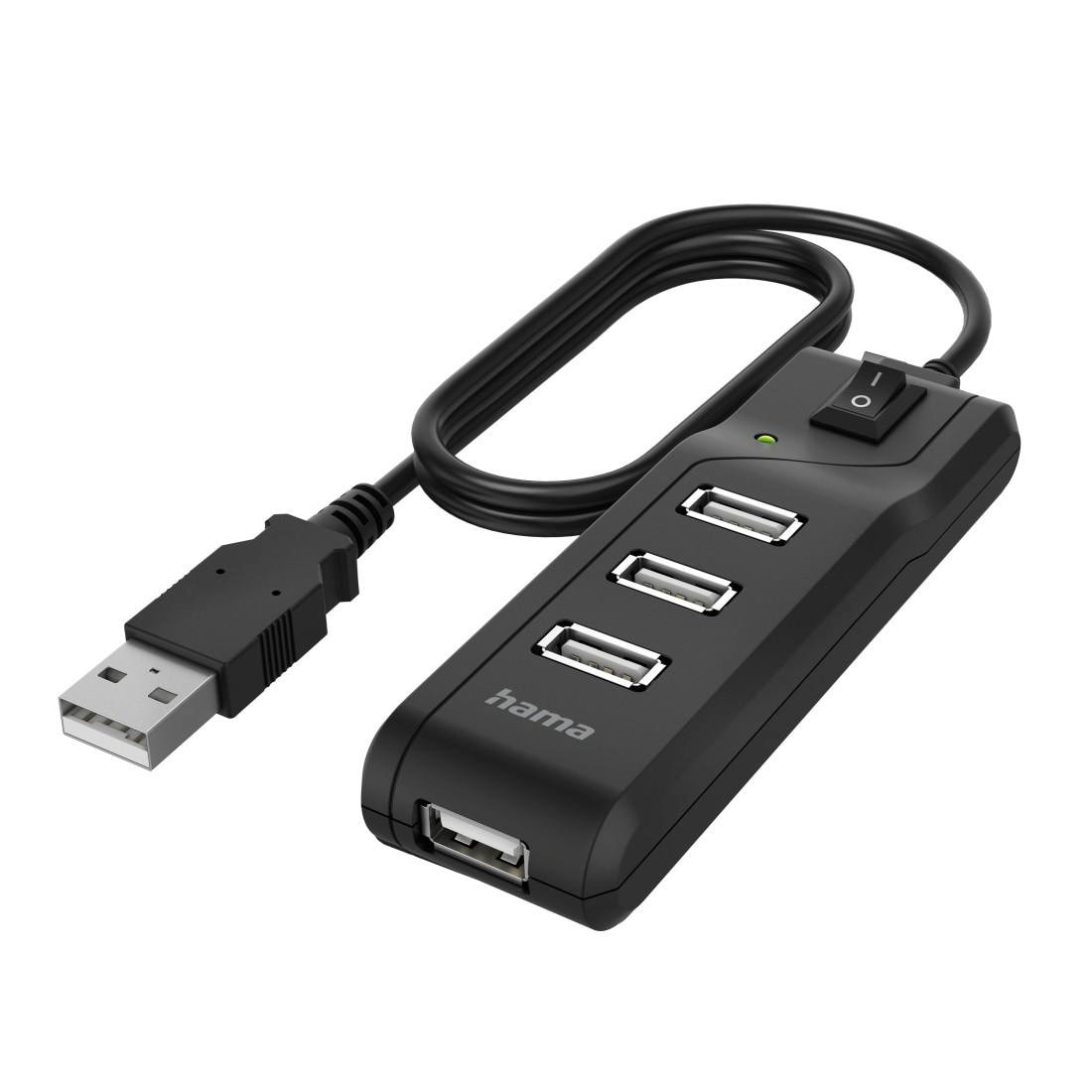 Hama 00200118 USB-Hub, 4 Ports, USB 2.0, 480 Mbit/s, Schwarz mit Einschalter