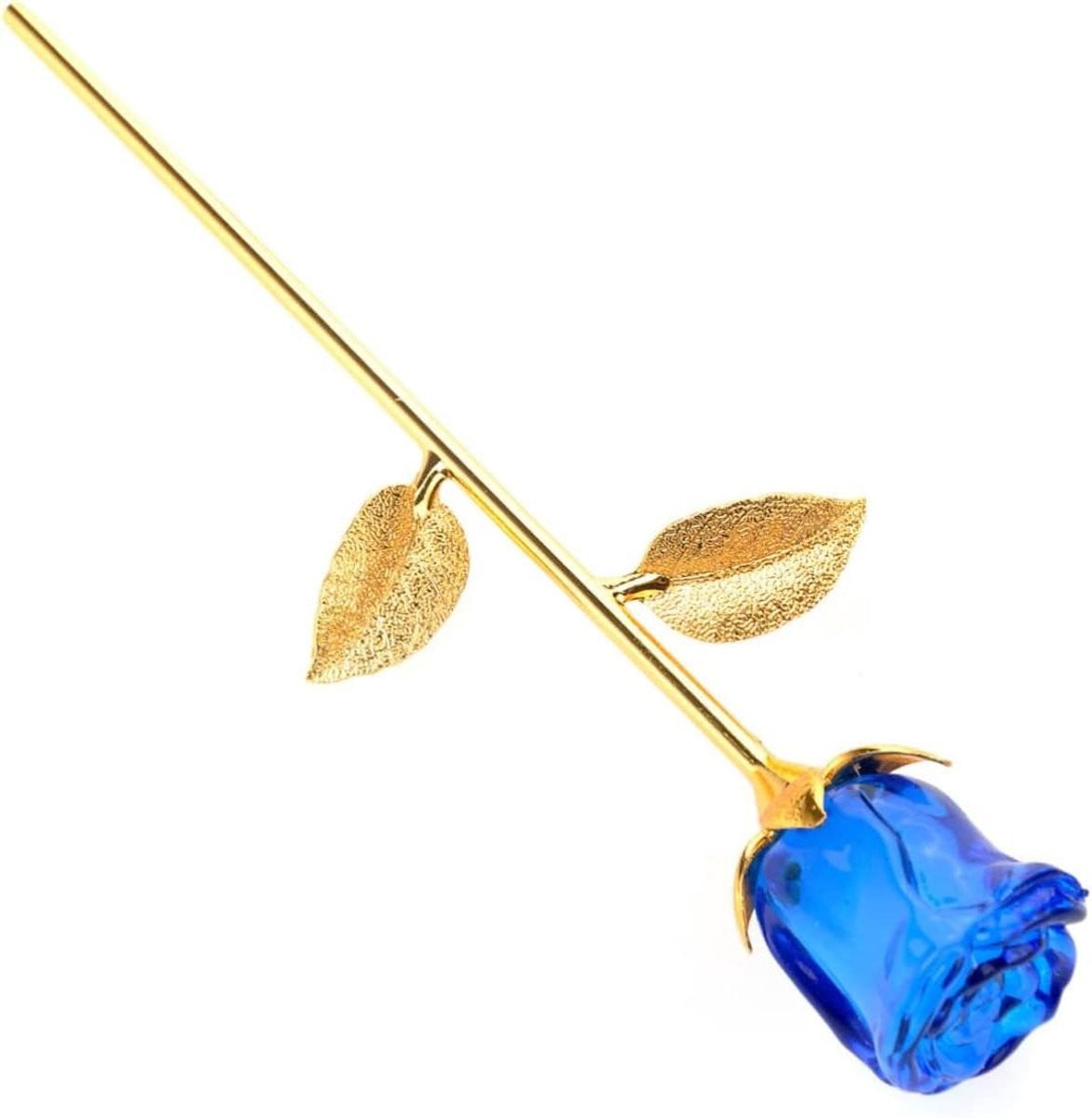 Blauwe Kristallen Roos met Vergulde Steel - 24 cm