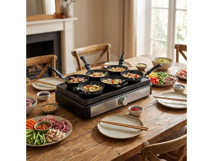 Elektrisches Party-Wok-Set mit Mini-Wok Pfannen für 6 Personen, 600 Watt