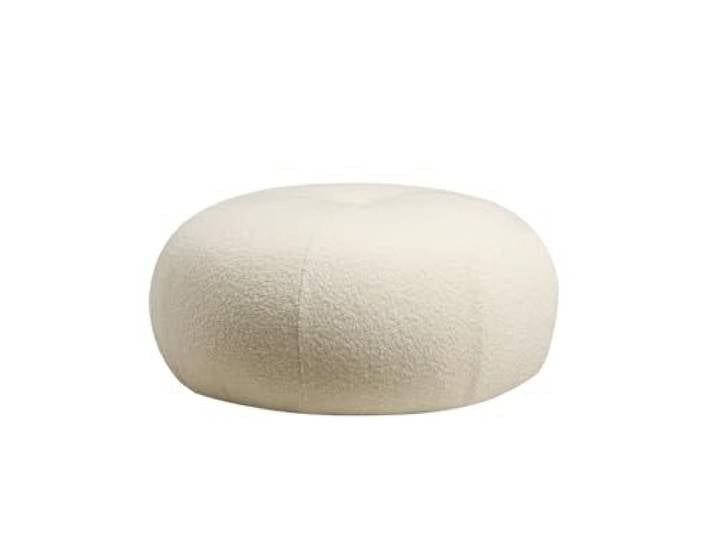 Emob Eleganter Pouf mit Buchenholzrahmen, Boucletweiß, 55 cm Durchmesser, 35 cm Höhe Weiches Schaumstoff- und Federkissen Skandinavisches Design