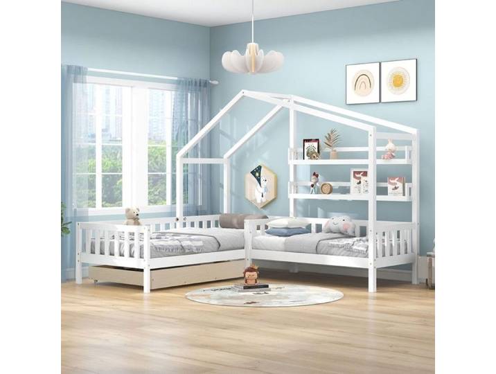 Lit enfant - PAGE LIVING - Lit maison en L - 2 couchages (200x90 + 140x70) - Tiroir à roulettes - Bois massif + MDF
