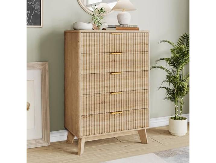 QMTXBYJ Kommode mit 5 Schubladen aus Rattan, 73x40x108cm Sideboard, Komodenschrank, Aufbewahrungskommode, Schubladenschrank, kommode Schmal, Modern Schrank für Schlafzimmer/Wohnzimmer/Flur