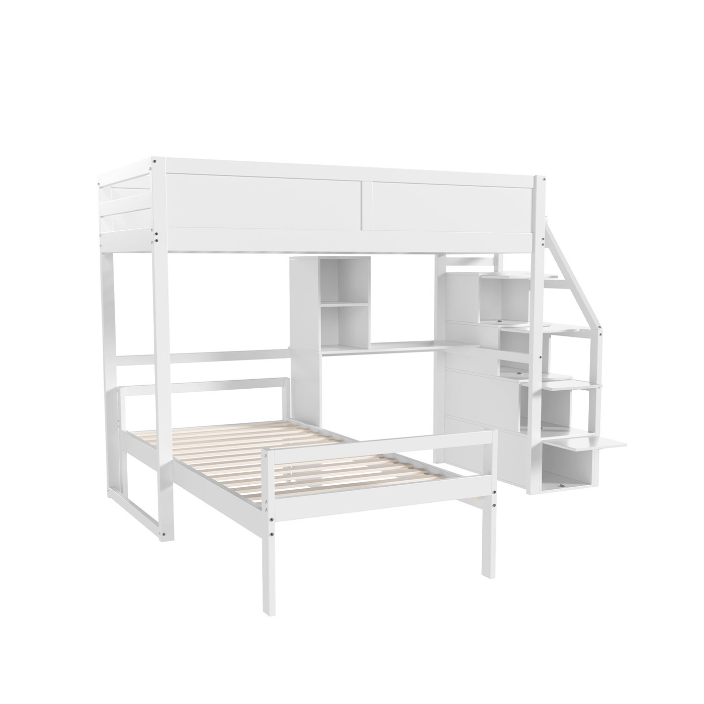 Etagenbett(weiß)Kiefernbett,kinderbett,Jugendbett,Sicherheitstreppe mit verstecktem Staufach, Schreibtisch-Staufach, Zwei-in-Eins-Hochzaun-Design