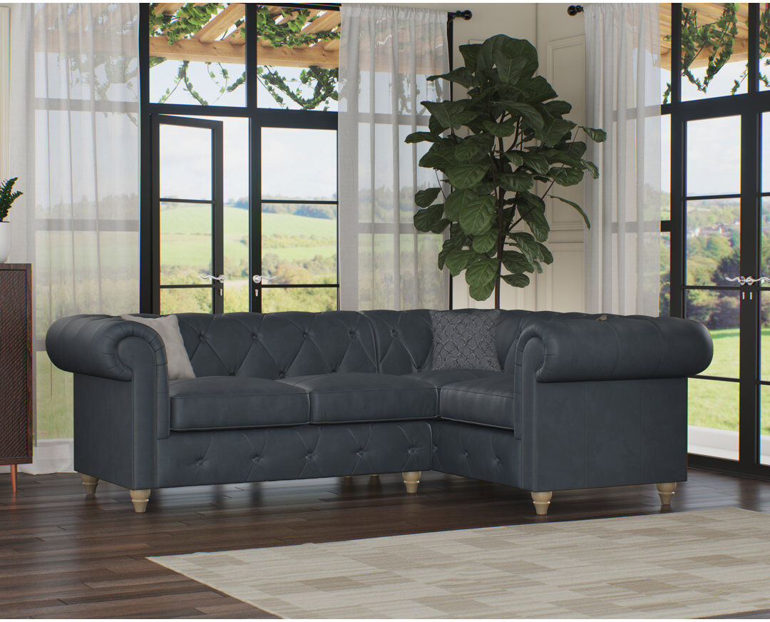 CLX Sofa Melrose 3 Seater Leather Corner Sofa Walnut/Navy 80cm H X 251cm W X 184cm D