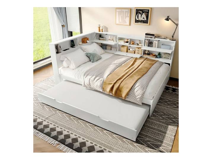 STILVORA Schlafsofa mit Ausziehbett,140x200 Daybett Tagesbett mit Staufach-Kopfteil, mit L-Stauraum & USB, Ausziehbett 140x200 cm, ohne Matratze