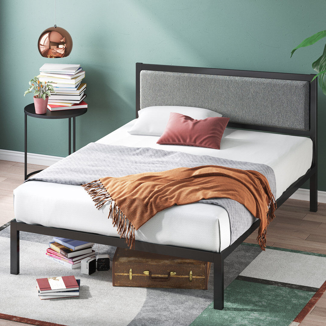 Hashtag Home Arledge Metal Platform Bed with Upholstered Headboard Black Double (4'46)