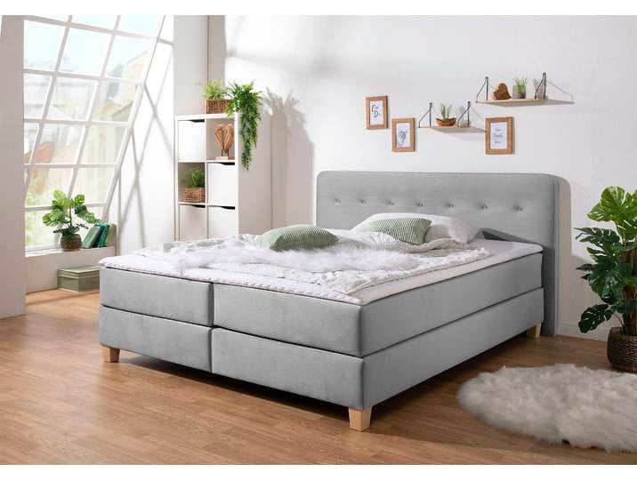 Boxspringbett, Strukturfein & Samtstoff, Grau, 193×207 cm, Mit Topper, Klassisch, Home Affaire