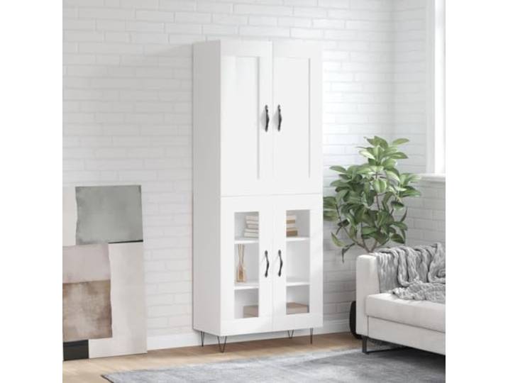 RJPLMFV Sideboard, hoch, weiß, 69,5 x 34 x 180 cm, aus Holz Aufbewahrungsschrank 180 cm, weißer Schrank, praktische Türen, Füße aus Eisen, Wandbefestigung im Lieferumfang enthalten