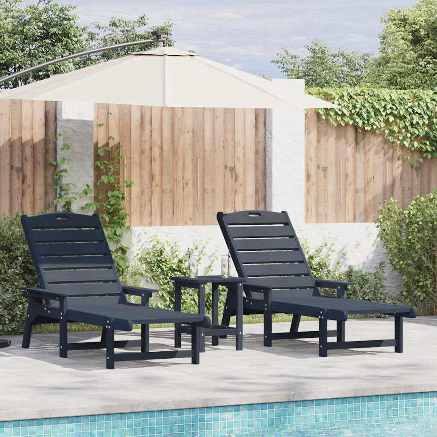 Set van 3 marineblauwe tuinligstoelen van polyethyleen met verstelbare rugleuning voor terras, balkon en tuin