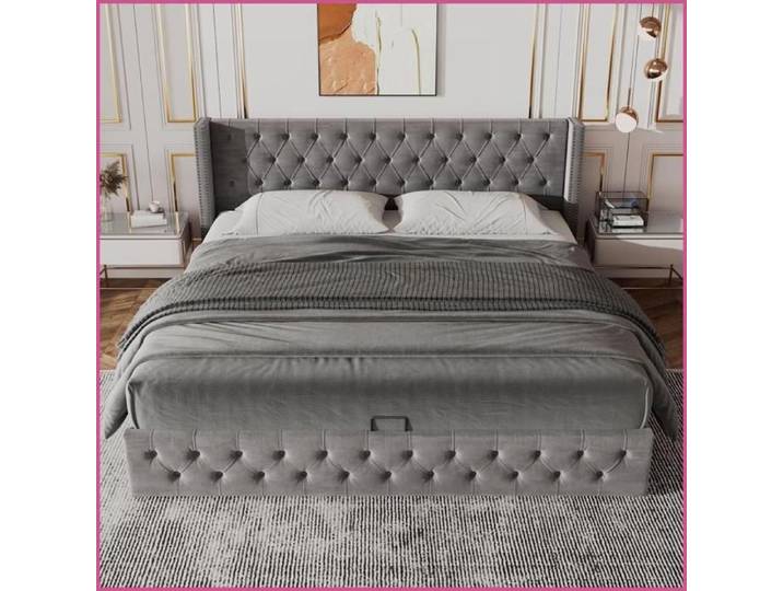Lit Tapissé Chesterfield Double 140x200 - Rangement Hydraulique - Velour Gris Anti-Tache