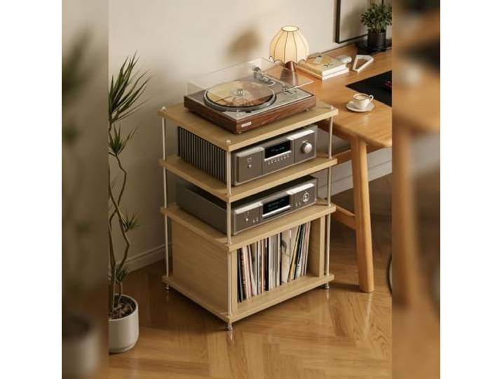 LEUBDIBR Audio-Rack mit verstellbaren Regalböden für Medienaufbewahrung Metallrahmen, verstellbare Böden, stoßdämpfend, Schallplattenaufbewahrung(Oak,23.6x18.9x32.7in)