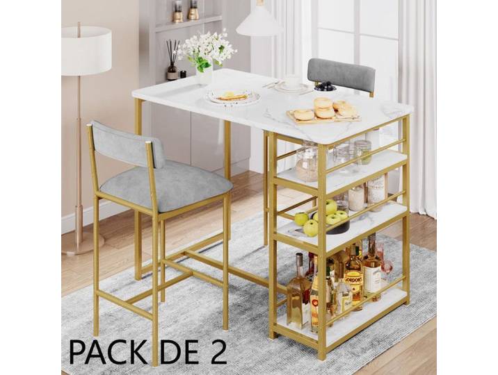 Ensemble table haute et chaises - GARVEE - Avec sièges rembourrés et étagère 3 niveaux – Couleur dorée-2PCS
