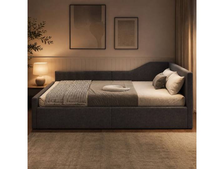 Lit combine 140x200 cm gris avec rangement sous le lit tête de lit rembourrée lin sommier à lattes FOLYNA