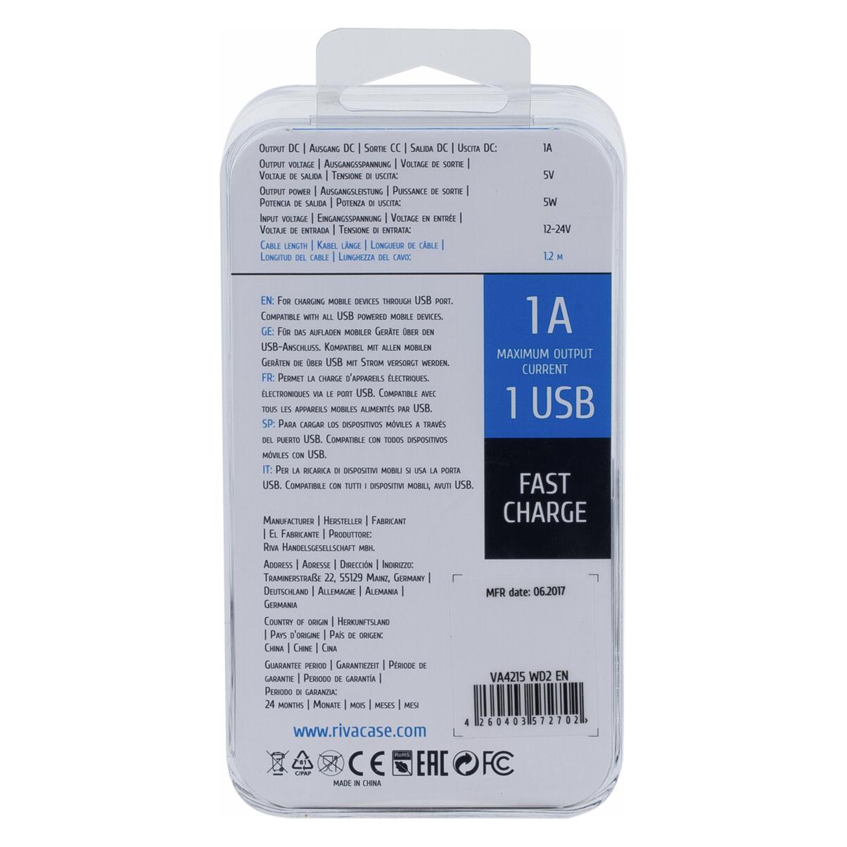 Rivacase VA 4215 WD2 Car Charger white 1 USB 1,0A (4260403572702)