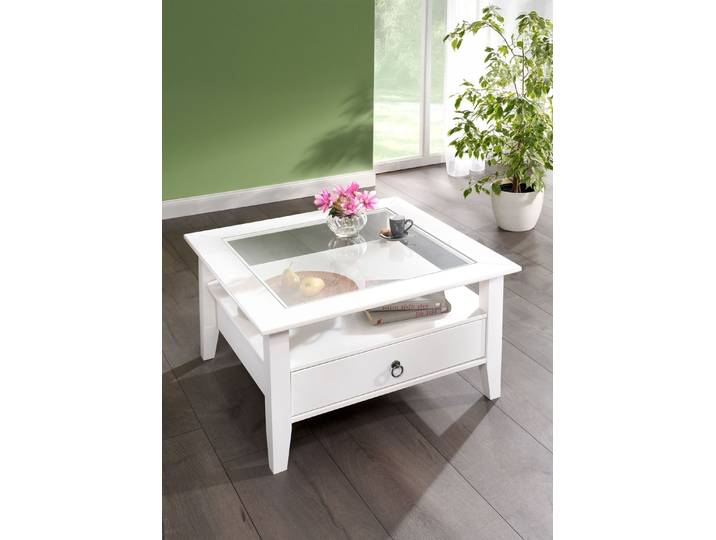 Massivholz Couchtisch im Landhaus-Stil, Weiss, quadratisch, mit 1 Schublade