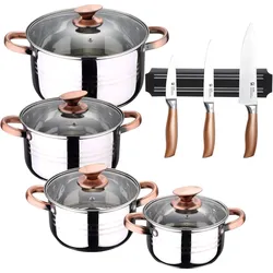 BERGNER - NONA 8-teiliges Kochgeschirr-Set (16/18/20/24cm) aus Edelstahl, induktionsgeeignet, mit 3-teiligem Messerset und magnetischer Wandhalterung