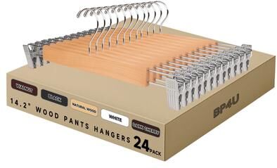 BP4U Premium Wooden Pants Hangers with Adjustable Clips, Solid Wood Skirt Hangers for Jeans, Slacks, Dresses