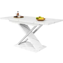 OKWISH Ausziehtisch Esstisch 157x75x76 cm Weiß mit Marmormuster Tischplatte, innenliegende Einlegeplatte, Kreuzbeine, Metallführungen arretierbar