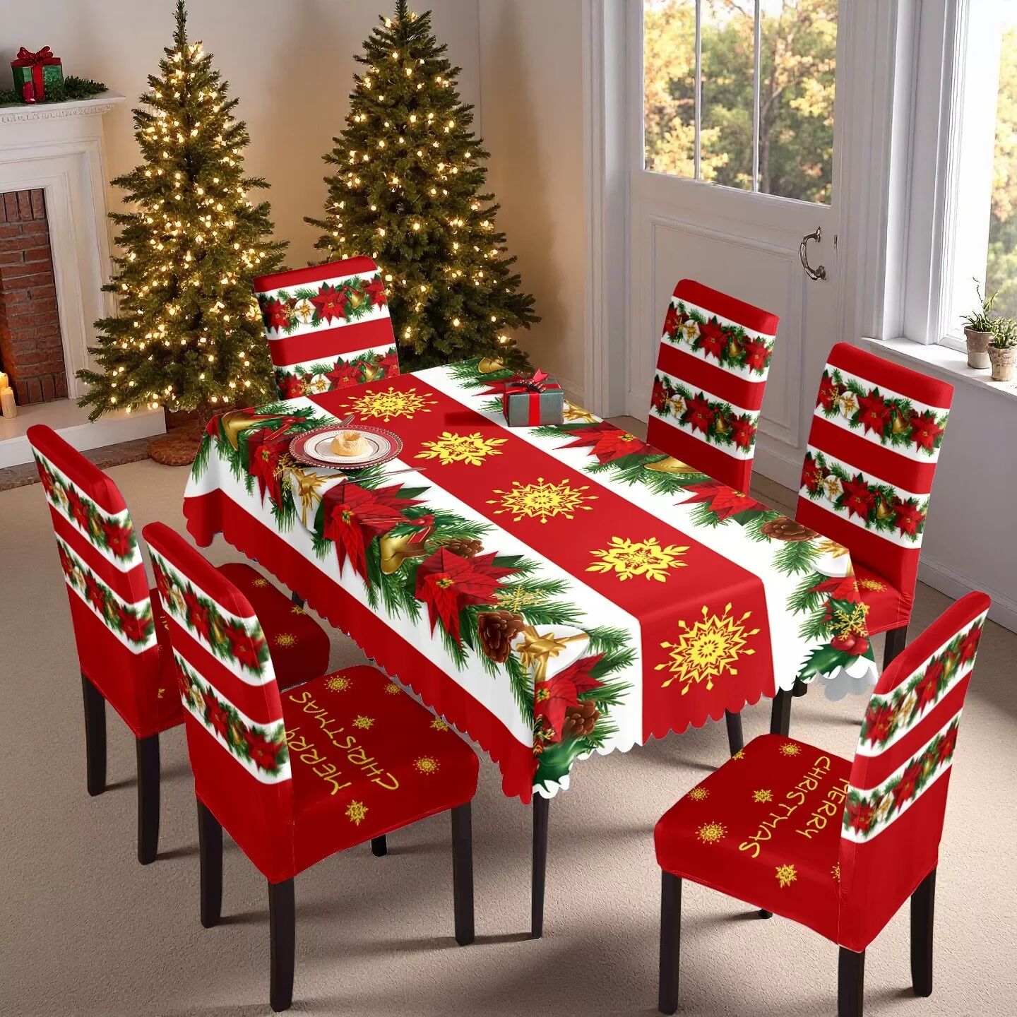 INF Festliche rote Weihnachts-Tischdecke und Stuhlhussen-Deko-Set - 7-teilig