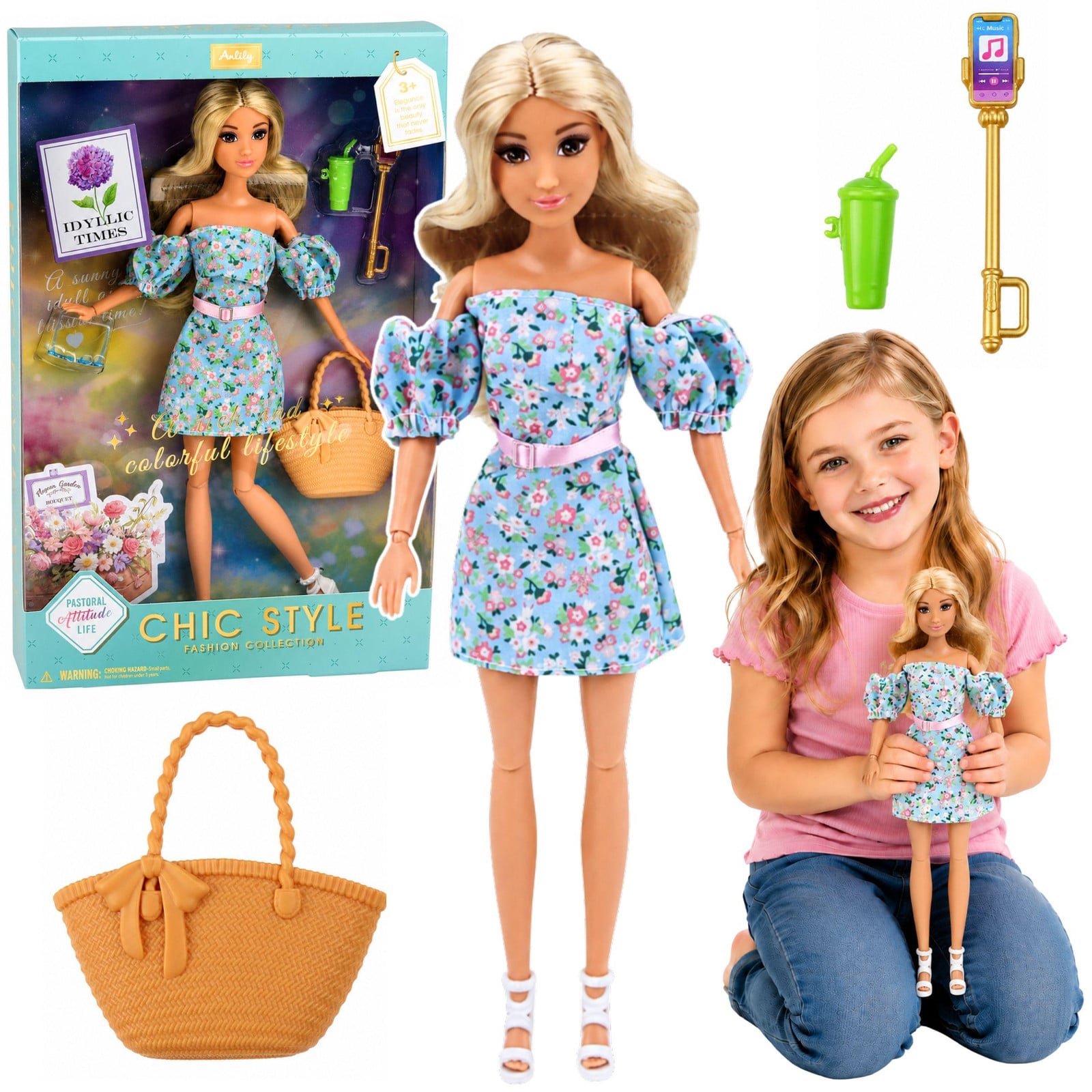 Lean Toys Anlily modepop met blauwe bloemenjurk, tas en accessoireset