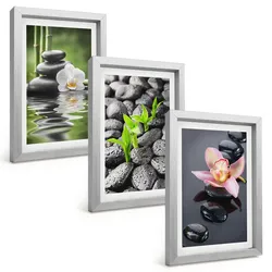 BILDER SET 3er Set - 20x30 cm Silberner Rahmen - Eine ruhige Zen-Komposition aus Blumen und Wasser