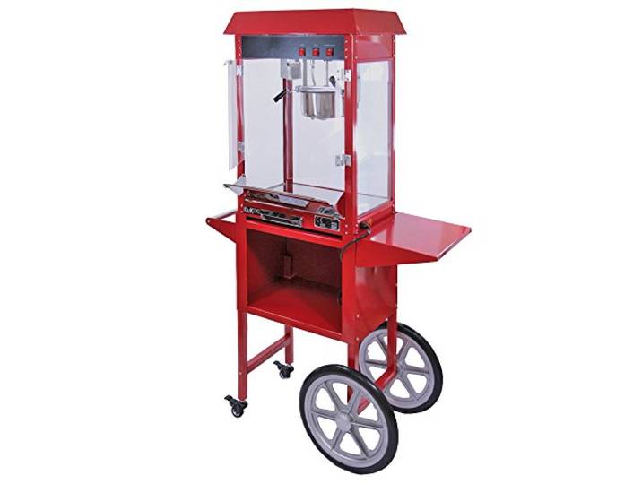 Professionelle Popcornmaschine mit Trolley aus Stahl, für Süßigkeiten, Karamell, Kapazität 230 g, einfache Reinigung, 24 Monate, elektrische Garantie, geeignet für Veranstaltungen, Bars, Partys,