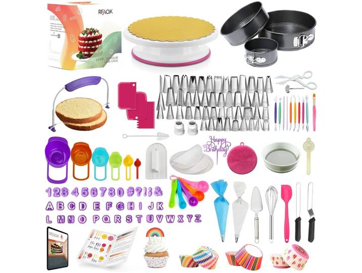 Fournitures de décoration de gâteaux, Kit de décoration de gâteaux avec 3 moules à gâteaux à ressort, plateau tournant, outils de décoration de gâteaux