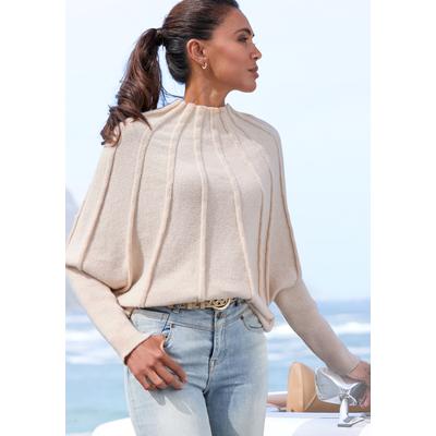 Strickpullover LASCANA "mit langen Fledermausärmeln", Damen, Gr. 40/42, beige, Strick, Obermaterial: 100% Polyester, unifarben, figurumspielend, Fledermausärmel, Pullover Strickpullover, modischer Damenpullover, Oversize-Pulli mit Stehkragen, kuschelig