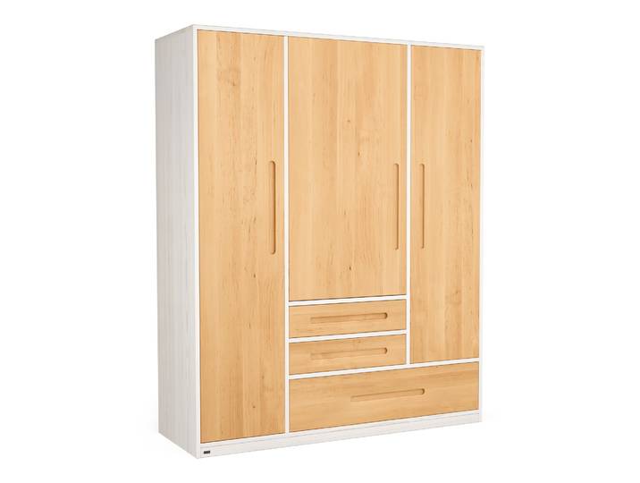 Naturwohnen Kleiderschrank Massivholz mit Soft Close Lina H190xB153xT55 Naturweiß Erle-Natur mit 2 Kleiderstangen, 6 Einlegeböden 100% Bio & Vegan