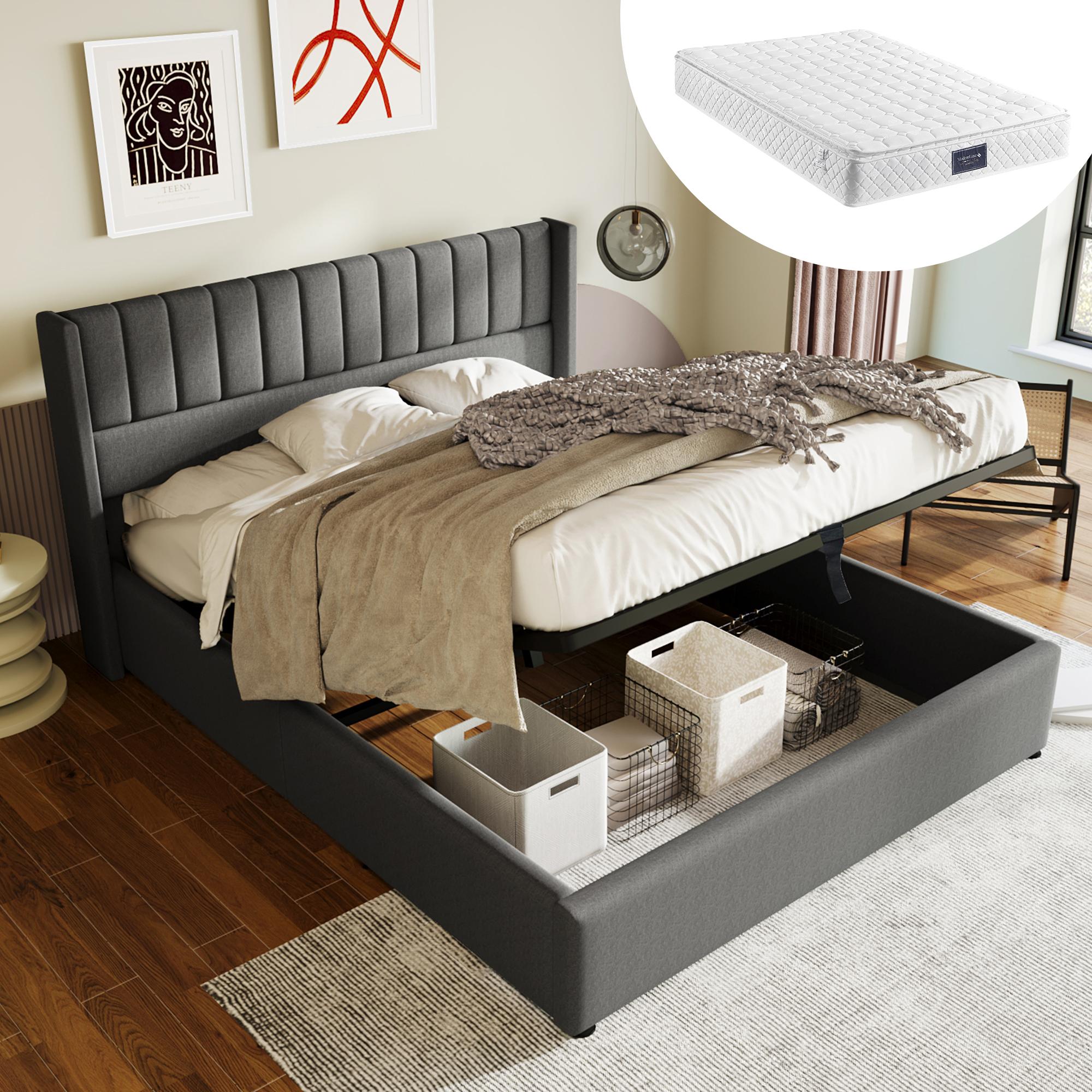 Stauraumbett Polsterbett Hydraulisch Doppelbett 160x200cm, Lattenrost aus Holz, Bett mit Lattenrost aus Metallrahmen, Leinen, Grau (Mit Matratze)