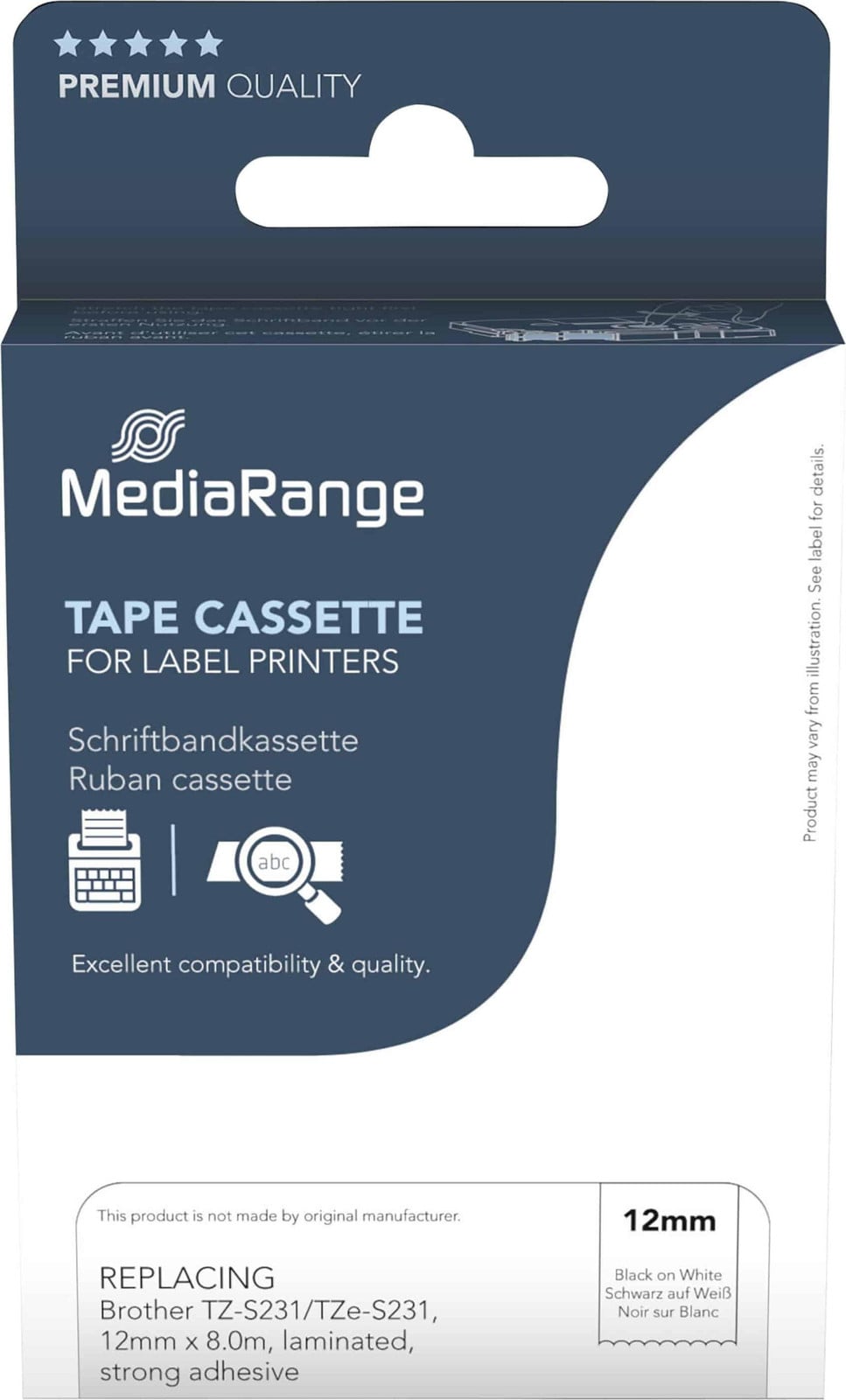 MediaRange MRBTZS231 Labelband voor Brother TZ-231/TZe-231, 12mm, 4m, zwart