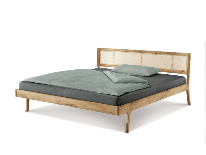 Massivholzbett GOODPRODUCT Hällevik, Kopfteil höhenverstellbar, Eiche massiv, mit Wiener Geflecht , braun (eiche natur), B:140cm H:94cm L:210cm, Betten, Massivholzbett, skandinavischer Stil, Made in EU, FSC-zertifiziert, sehr stabil