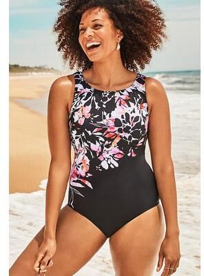 Plus Size Women's Chlorine Resistant High Neck One Piece Swimsuit by Swimsuits For All in Engineered Coral Floral (Size 22)