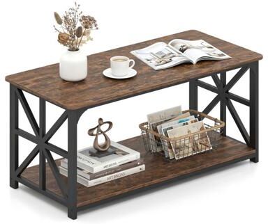 Costway Coffee Table 2-Tier Center Table with Storage Shelf-Rustic Brown