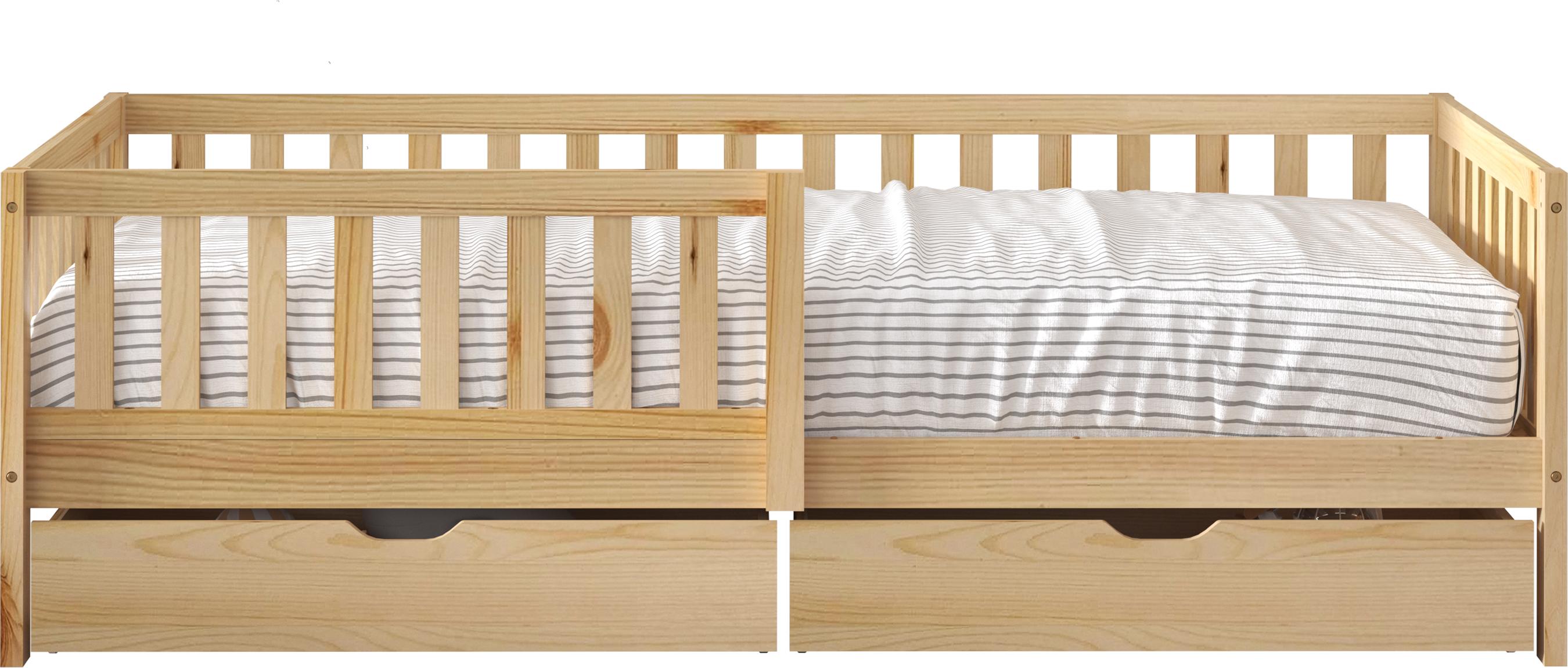 Sunny Isa Kinderbett aus Holz mit 2 Schubladen in Naturfarben | Bett Ohne Matratze | Einzelbett mit Rausfallschutz in 206 x 98 cm | Für Matratzengröße: 90 x 200 cm