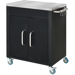 MODFU Küchenwagen Servierwagen Schwarz 86x50x87 cm mit Edelstahlplatte Schrank 6 Haken Rollen mit Feststellbremse, pflegeleichtes Design