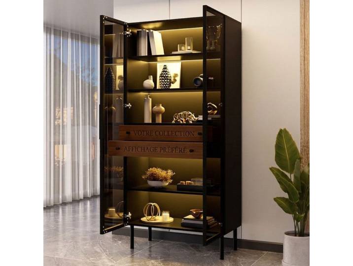 Vitrine Noire LED Connectée 70x170 cm Meuble Vitrine en Verre avec 2 Tiroirs pour Salon Norevia