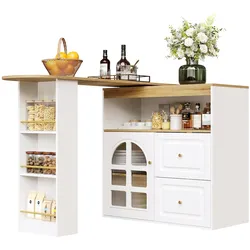MODFU Drehbares Sideboard ausziehbar Weiß 204x39x104 cm mit 2 Schubladen Snackregal Glastür verstellbaren Fächern und 360 Grad Drehfunktion