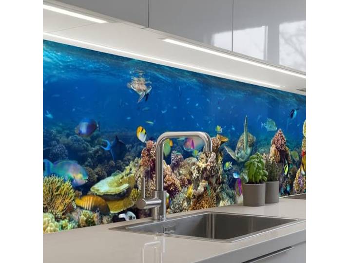 KitchenYeah© Spritzschutz Küche Küchen Rückwand Küchendeko Wand Wandschutz 60x350 cm - Selbstklebend Backsplash Kitchen Peel And Stick Unterwasserlandschaft - Fische - Schildkröte - Blau