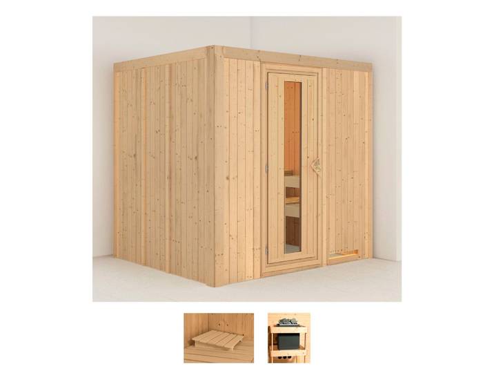 Sauna KARIBU Dima , beige (naturbelassen), ohne Ofen, (ohne Ofen), Saunen, Sauna, ohne Ofen