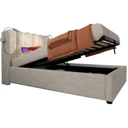 Polsterbett 90x200 mit Leselicht und Ladefunktion – elegantes Design in natürlichem Leinen, USB-Buchse und flexiblem Leselicht