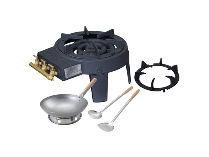 SANTOS Wok-Komplettset – Wokbrenner 11 kW Gusseisen, Carbonstahl-Wok Ø33 cm, Edelstahl-Utensilien – Outdoor Wok-Kocher Set für Gas