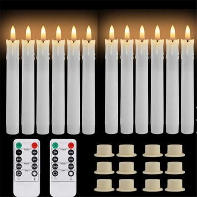 Uplifted Finds 12 Or 24 Pcs Flameless Ivory LED Taper Candles With Remote 3D Wick Battery Flickering Lights For Wedding Decor 12 Pcs White
