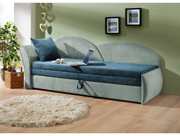 Schlafsofa mit Bettkasten und 1 Dekokissen, Grün-Mint, Armlehne links
