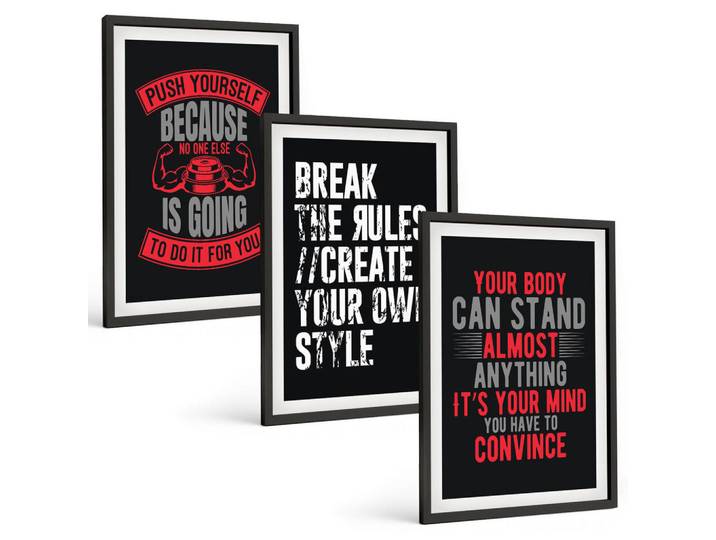 Tulup Bilder SET 3er Set - 40x60 cm Schwarzer Rahmen - Motivation, Training, Selbstentwicklung, Kunststoff, Rechteckig, 40x60 cm, einfache und schnelle Anbringung, Bilder & Rahmen, Bilder