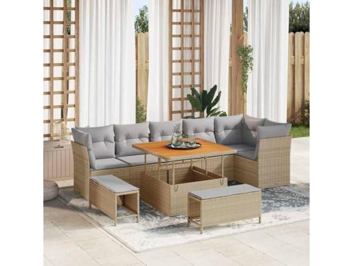 YUOTYRKTEJRSG Poly Rattan Modern Loungesofa Beige 100x100x71 cm Garten-Sofa-Set mit Kissen 9 pcs Beige und Hellgrau Poly-Rattan UV-beständig für Terrasse Balkon Garten